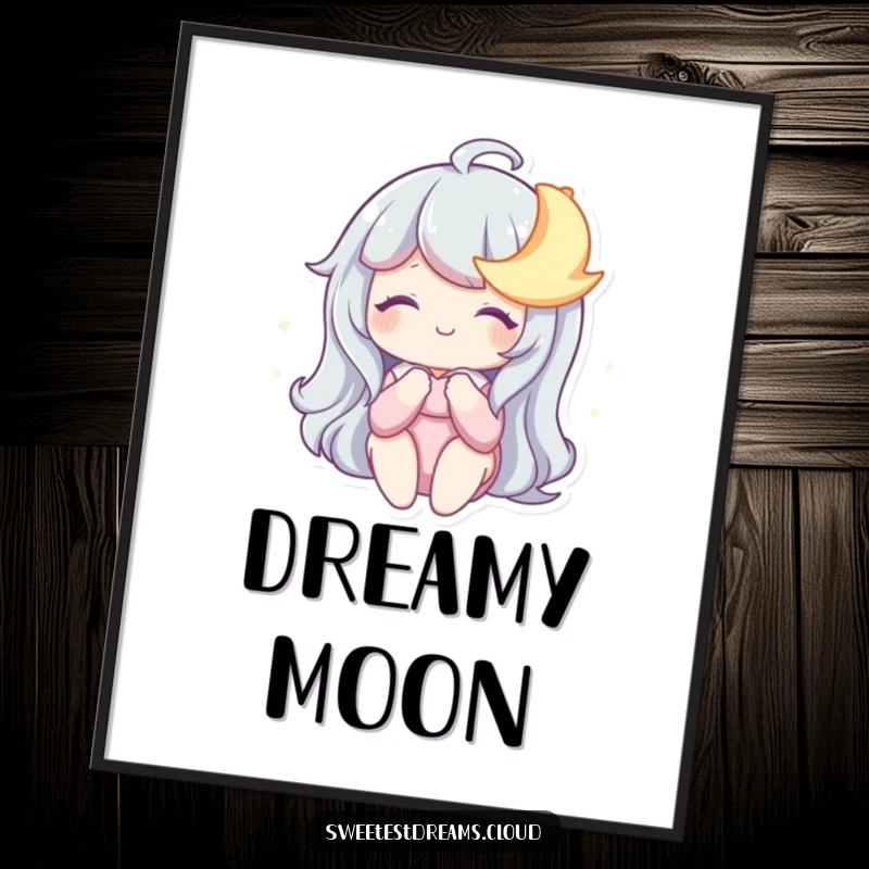 Funny Digital Art Print of a character sharing a dreamy smile with a sleepy moon, perfect for humorous and whimsical decor.