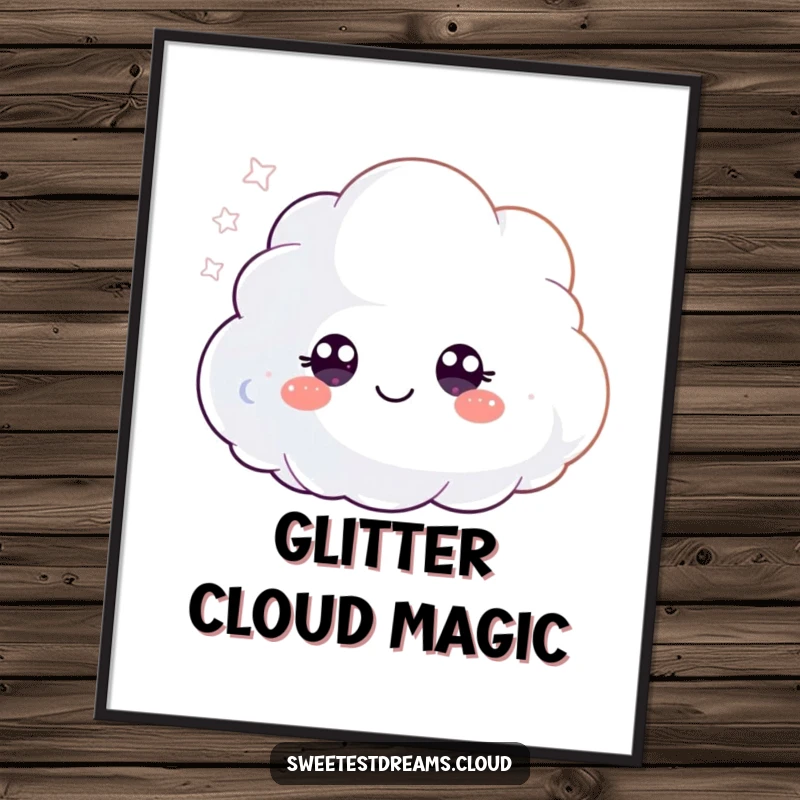 Funny digital art print featuring a fluffy cloud character with wide, happy eyes, joyfully blowing a cascade of shimmering glitter.