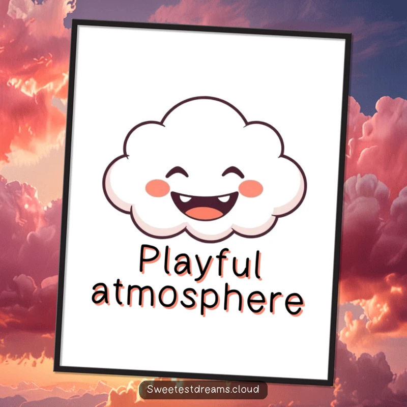Funny Digital Art Print of a grinning cloud blowing gentle, whimsical shapes, perfect for adding playful charm to decor.