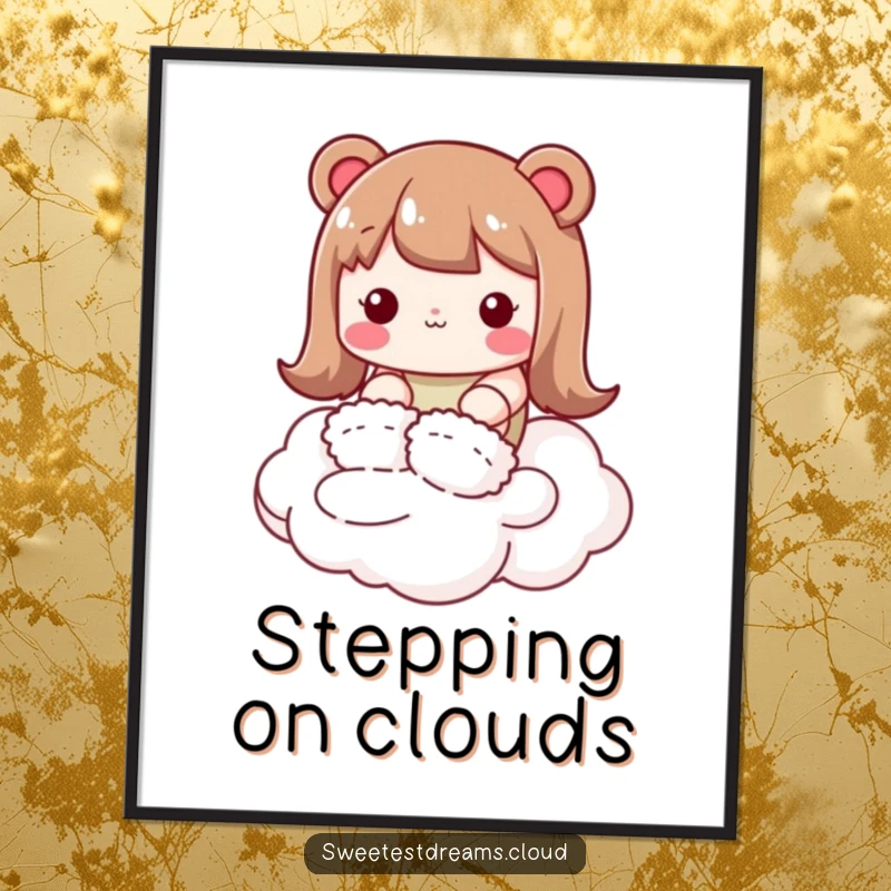 Funny kawaii character digital art print, wearing fluffy slippers, tiptoeing on a cloud, instant humorous decor.