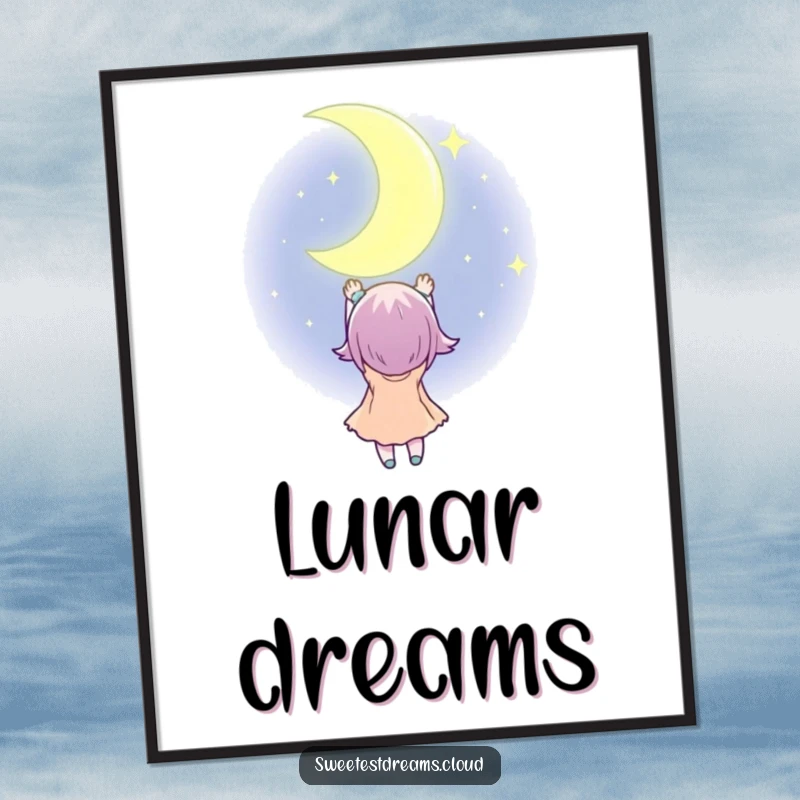 Funny Digital Art Print of a character reaching for a twinkling crescent moon, perfect for inspiring whimsical and humorous decor.