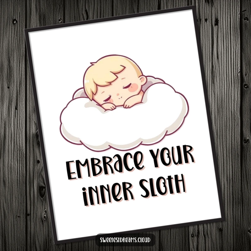 Funny Sleepy Character Digital Art Print showing a character snuggling into a cloud, ideal for creating a humorous and cozy atmosphere.