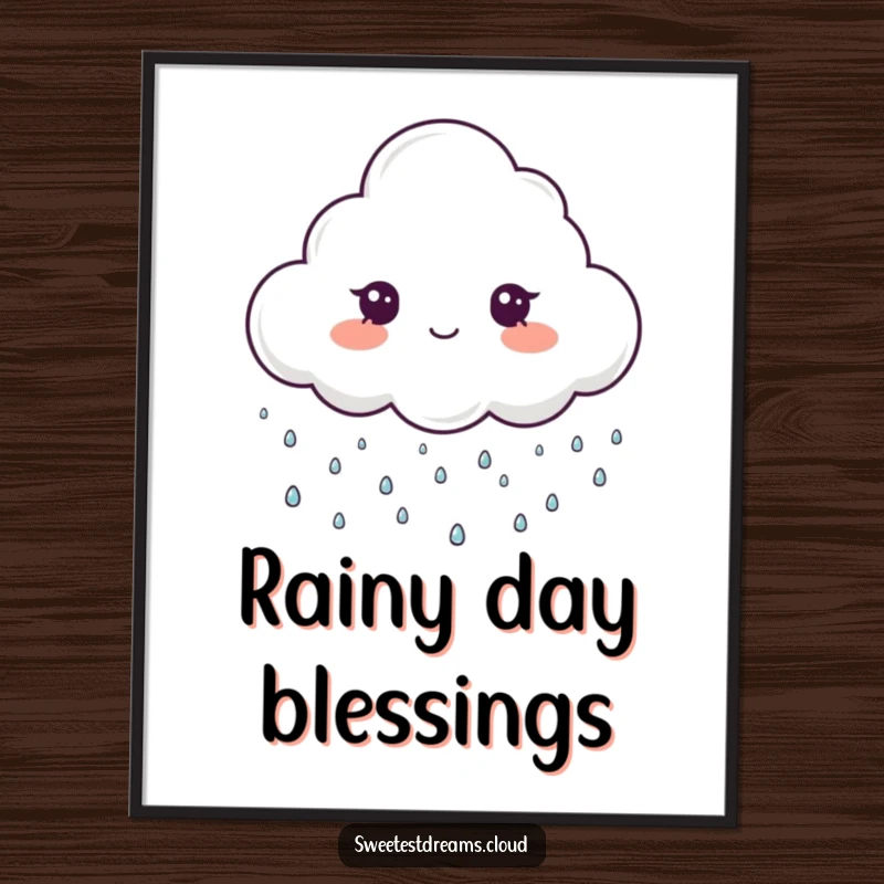 Funny digital art print of a cloud character gently raining tiny, sparkling drops, ideal for humorous and magical home decor.