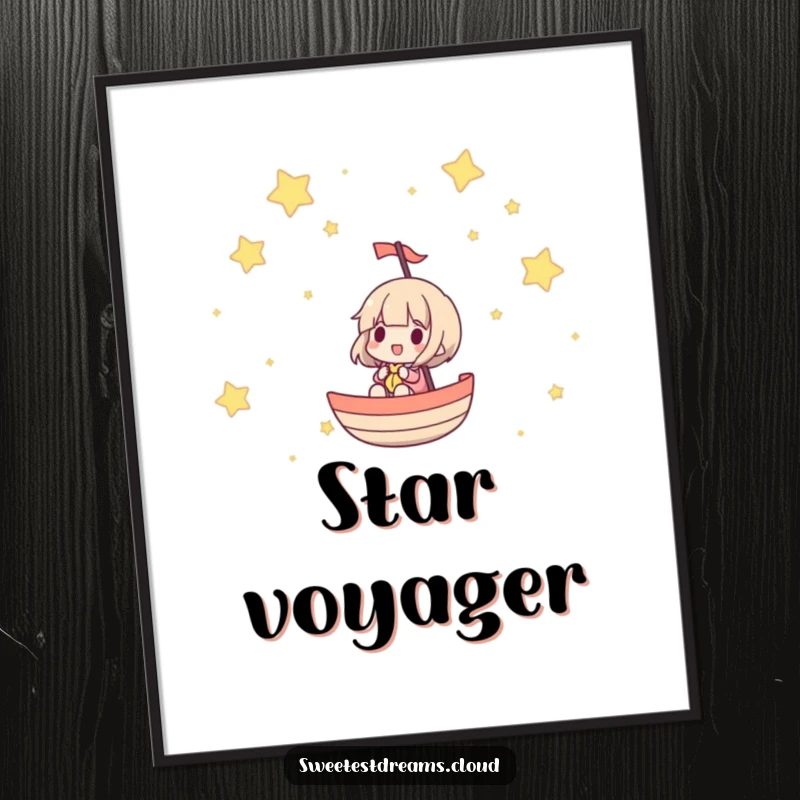 Funny digital art print of a character happily sailing a boat through a sky shimmering with countless stars.