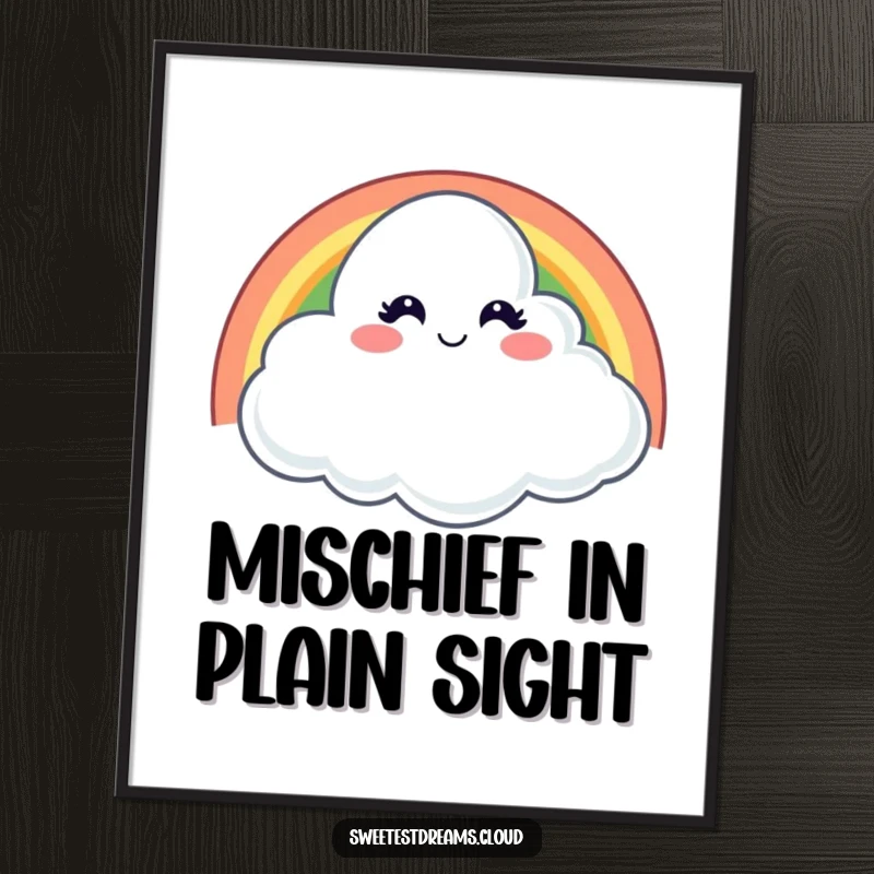 Funny digital art print of a cloud with a mischievous wink behind a rainbow, offering instant playful humor.