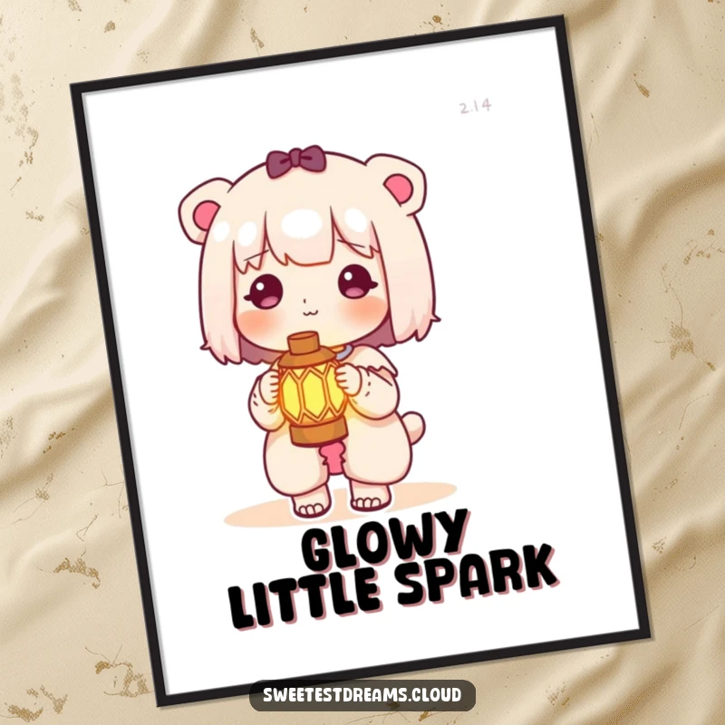 Funny kawaii character digital art showing a cute character holding a miniature, glowing lantern, casting a soft, magical light.