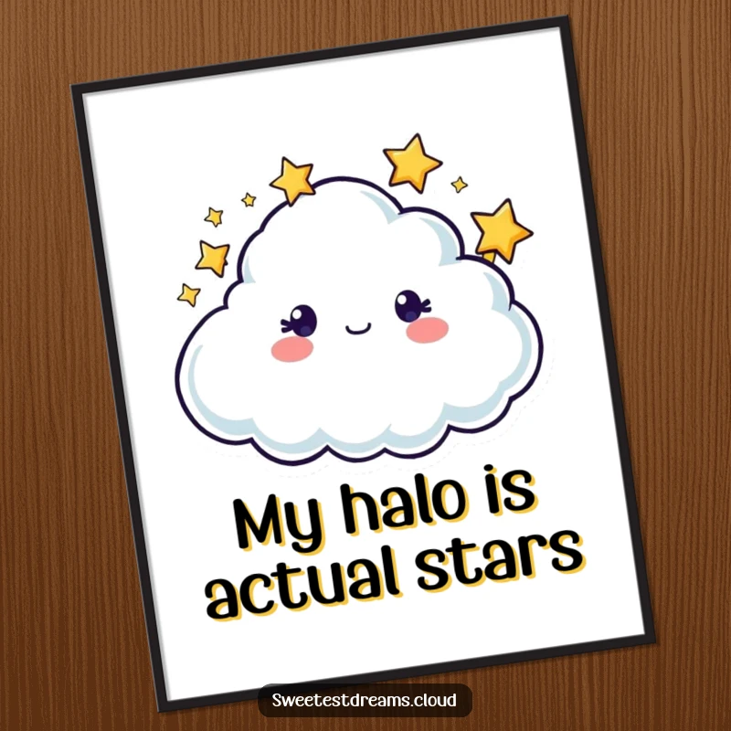 Funny cloud character with twinkling stars around its head, rendered as a high-resolution, humorous digital art print.