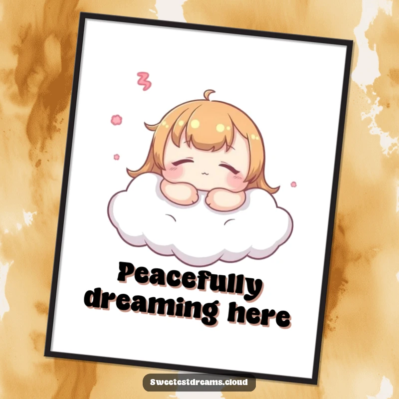 Funny kawaii dreamer digital art print, peaceful character dreaming on a cloud, instant downloadable humorous decor.
