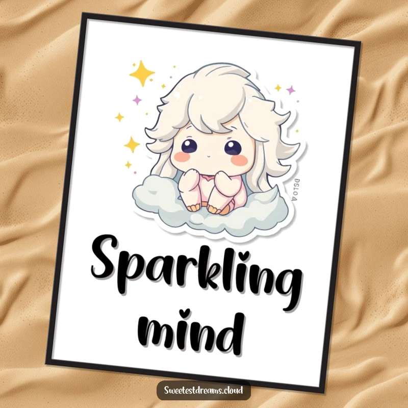 Funny digital art print of a character dreaming, with a mystical aura of sparkling dust swirling around their head.