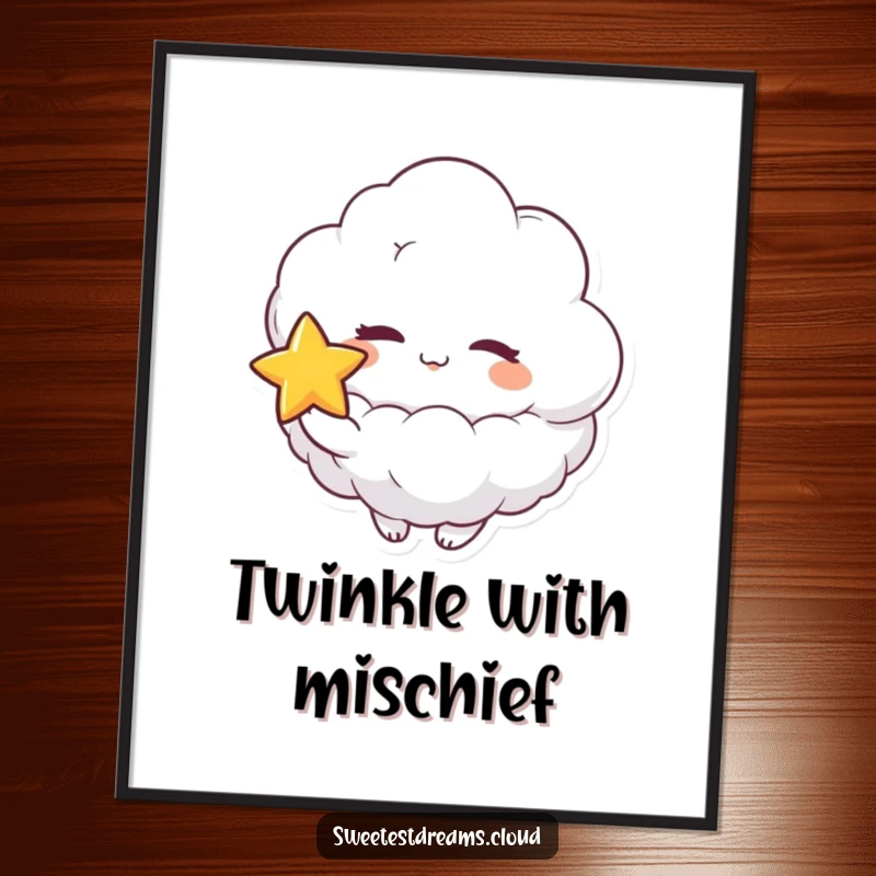 Funny digital art print of a fluffy cloud character playfully winking and holding a star, offering whimsical and humorous screen decor.