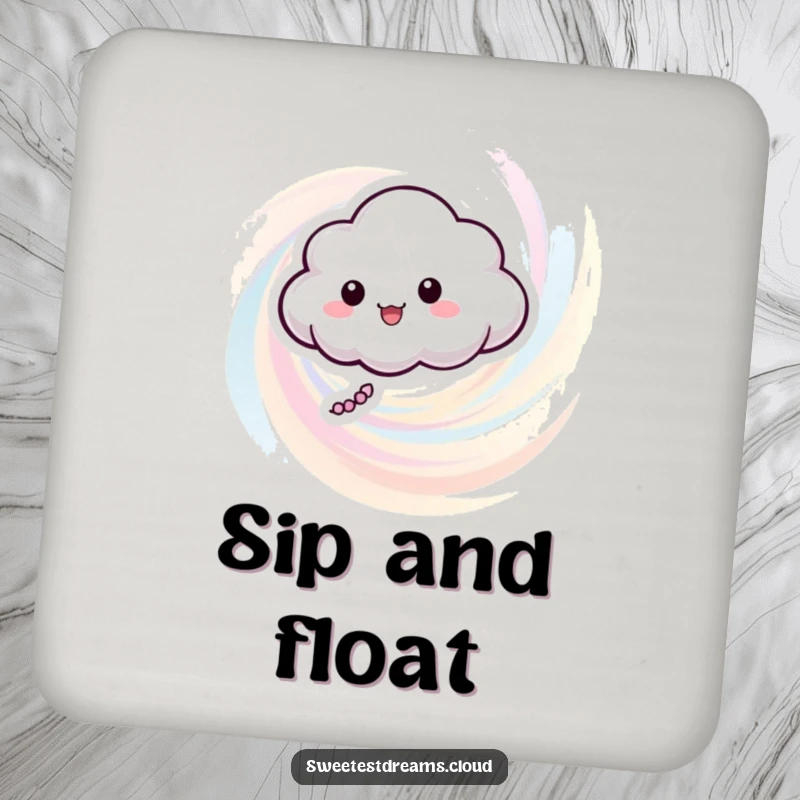Funny drink coaster designed with a smiling cloud character in a pastel color swirl, ideal for protecting tables with flair.
