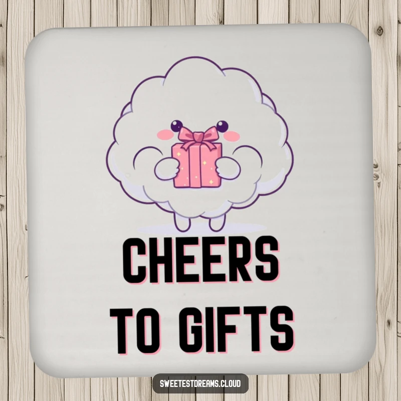 Funny cloud character presenting a sparkling gift box. Humorous drink coaster.
