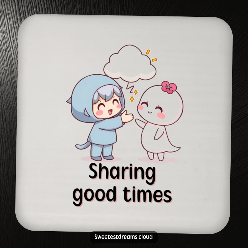Funny coasters depicting a character offering a cloud with a smile, adding a playful, heartwarming vibe.