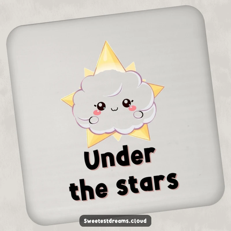 Funny drink coaster featuring a cloud character peeking from behind a shimmering star, adding a touch of cosmic elegance.