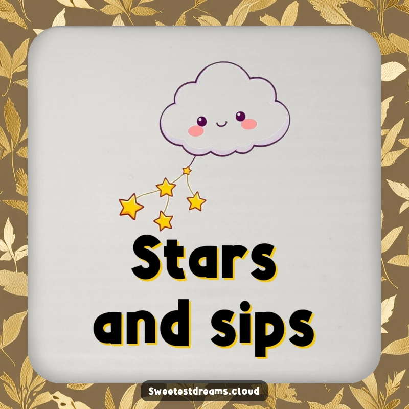 Funny drink coaster featuring a cloud character pulled by stars, adding magical and protective flair to surfaces.
