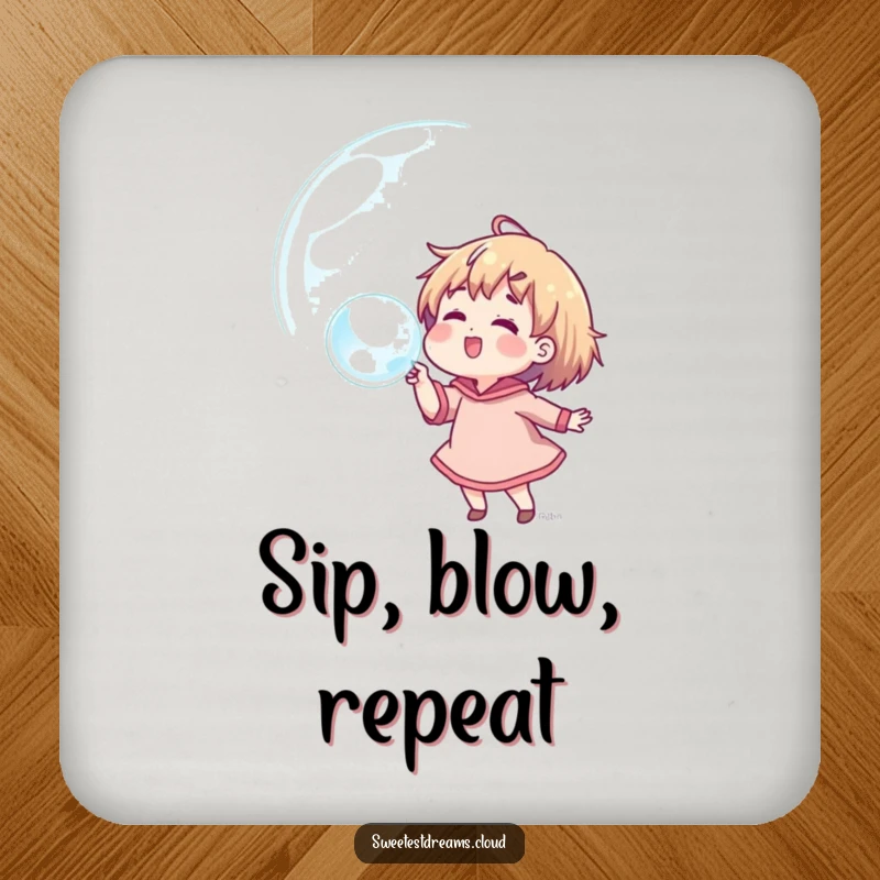 Funny coasters with a character blowing a dream bubble, adding humor and protection to drink surfaces.