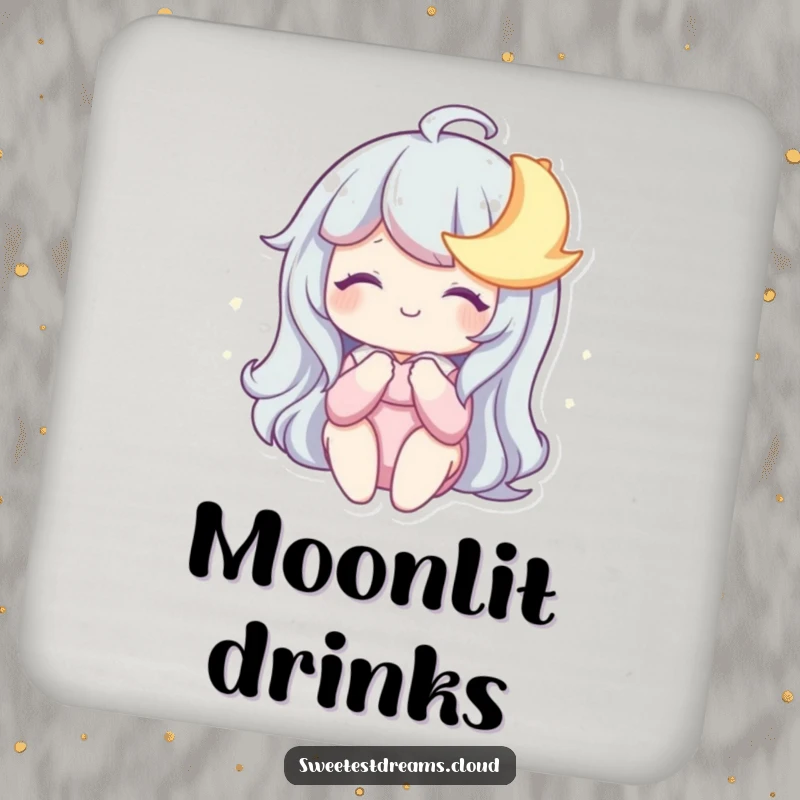 Funny Drink Coaster with a character sharing a dreamy smile with a sleepy moon, perfect for adding a humorous and whimsical touch.