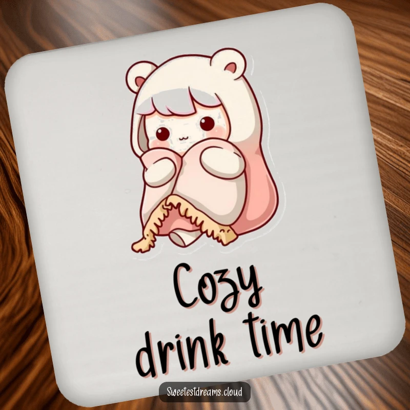 Funny kawaii character coaster featuring a cute character holding a warm blanket, looking cozy and protecting surfaces.