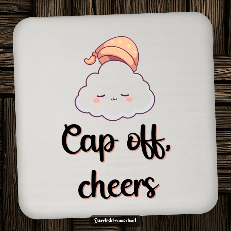 Funny cloud character drink coaster wearing a tiny sleeping cap, floating gently. A humorous accessory for protecting surfaces with a serene, whimsical touch.