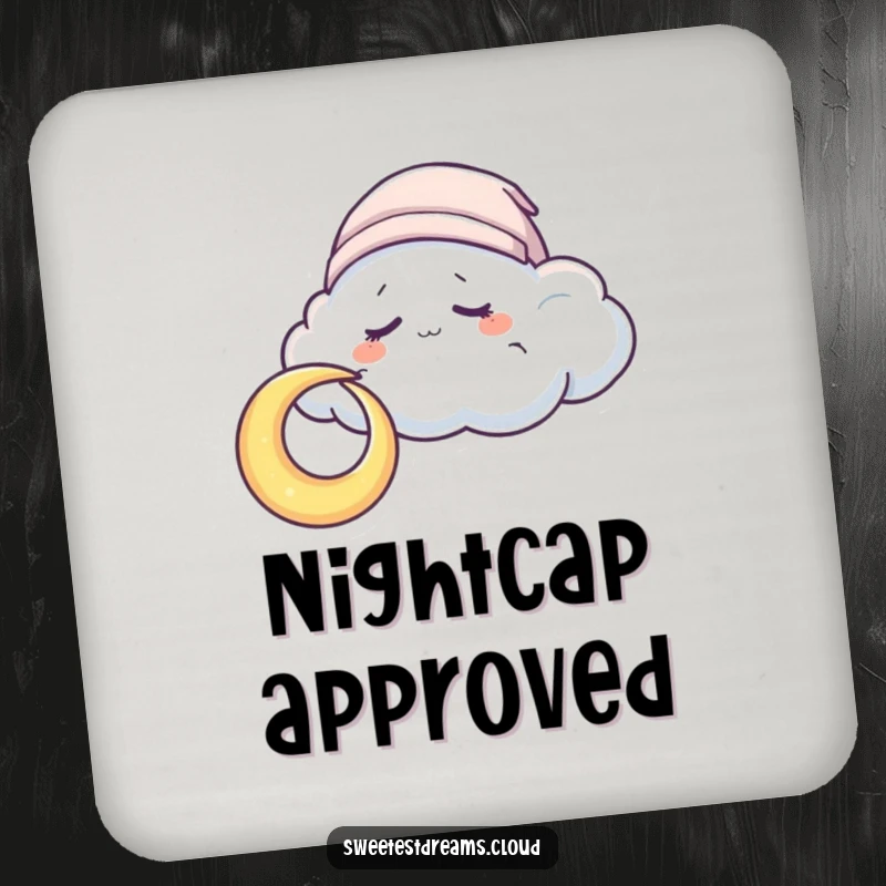 Funny Coaster with a sleepy cloud character nuzzling a crescent moon, adding a touch of peaceful charm to tabletops.