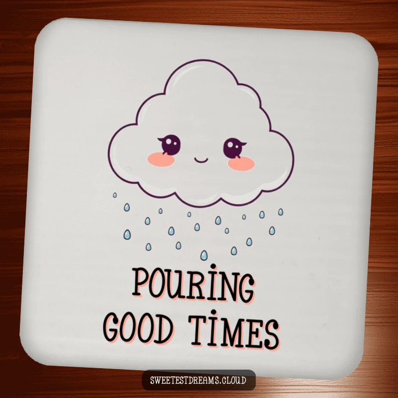 Funny drink coaster featuring a cloud character gently raining tiny, sparkling drops, protecting surfaces with humorous charm.