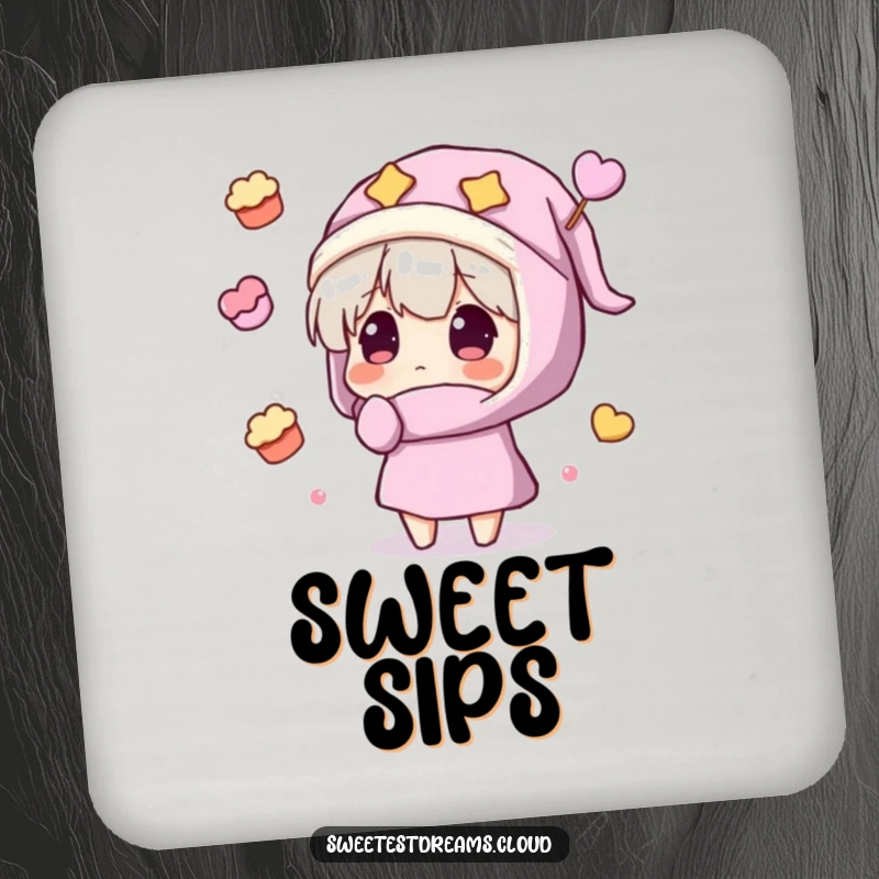 Funny Drink Coaster with a character in a nightcap amazed by floating sweets, perfect for adding a humorous and sweet touch.