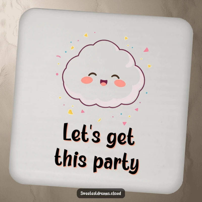 Funny drink coaster with a giggling cloud character tossing confetti, adding a festive and protective touch.