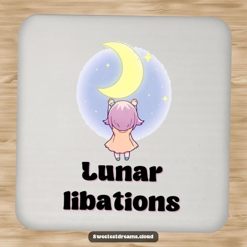 Funny Drink Coaster with a character reaching for a twinkling crescent moon, perfect for adding a humorous and dreamy touch.