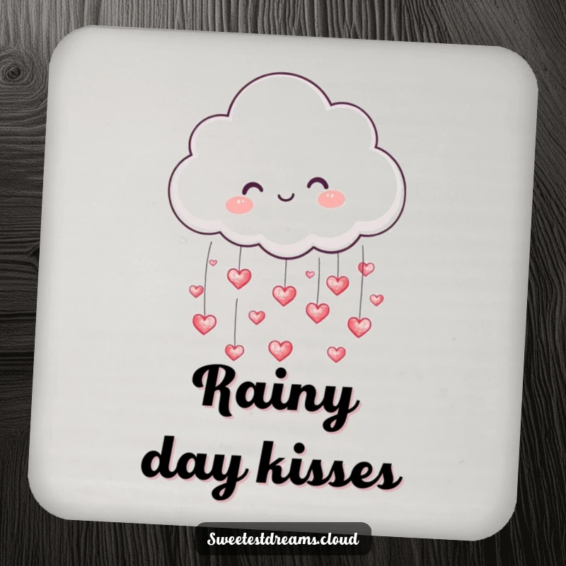 Funny coaster with a cute cloud character raining tiny, shimmering hearts, adding charm to any surface.