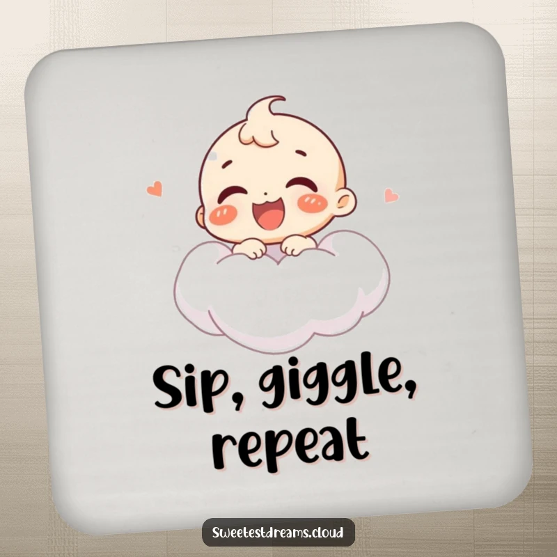 Funny drink coaster depicting a joyful character giggling on a cloud, offering cheerful humor and surface protection.