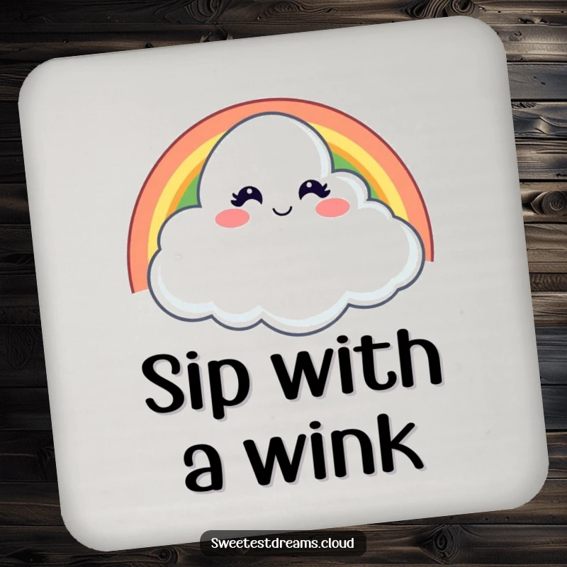Funny drink coaster showing a cloud mischievously winking from behind a rainbow, adding playful humor to any table.