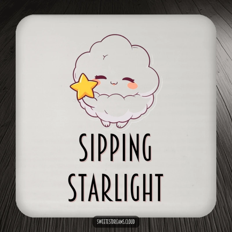 Funny drink coaster showing a fluffy cloud character playfully winking and holding a star, offering dreamy and humorous surface protection.