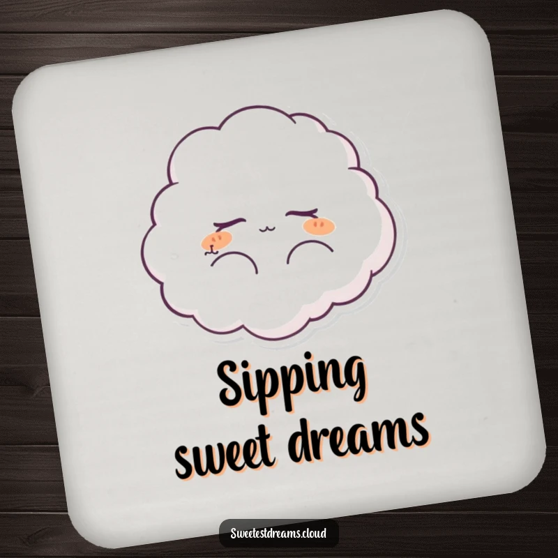 Funny fluffy cloud character drink coaster, peacefully dreaming. A humorous accessory for protecting surfaces with a serene, whimsical touch.