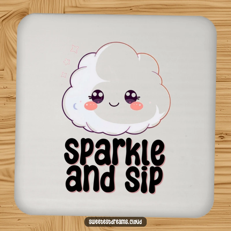Funny coaster depicting a fluffy cloud character blowing shimmering glitter, adding enchanting sparkle while protecting surfaces.