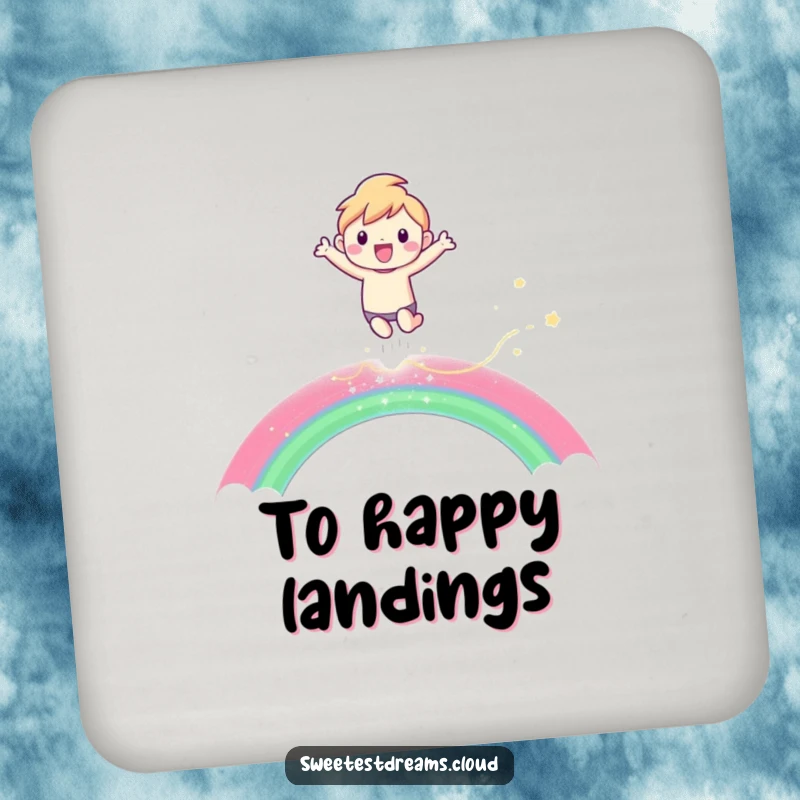 Funny Drink Coaster featuring a character joyfully leaping over a shimmering rainbow, protecting surfaces with vibrant humor.