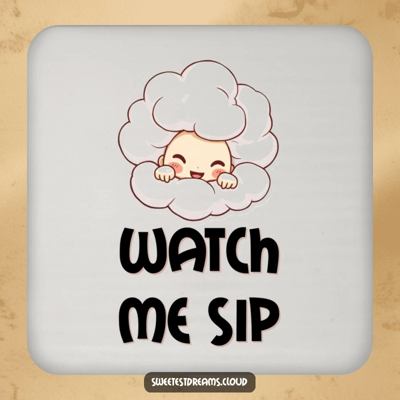 Funny Drink Coaster featuring a character peeking from behind a cloud with a mischievous grin, protecting surfaces with humor.