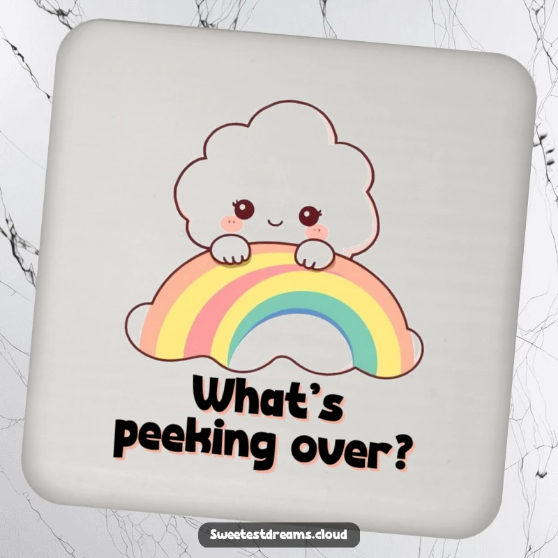 Funny drink coaster featuring a curious cloud peeking over a rainbow, adding a touch of playful art to drink protection.