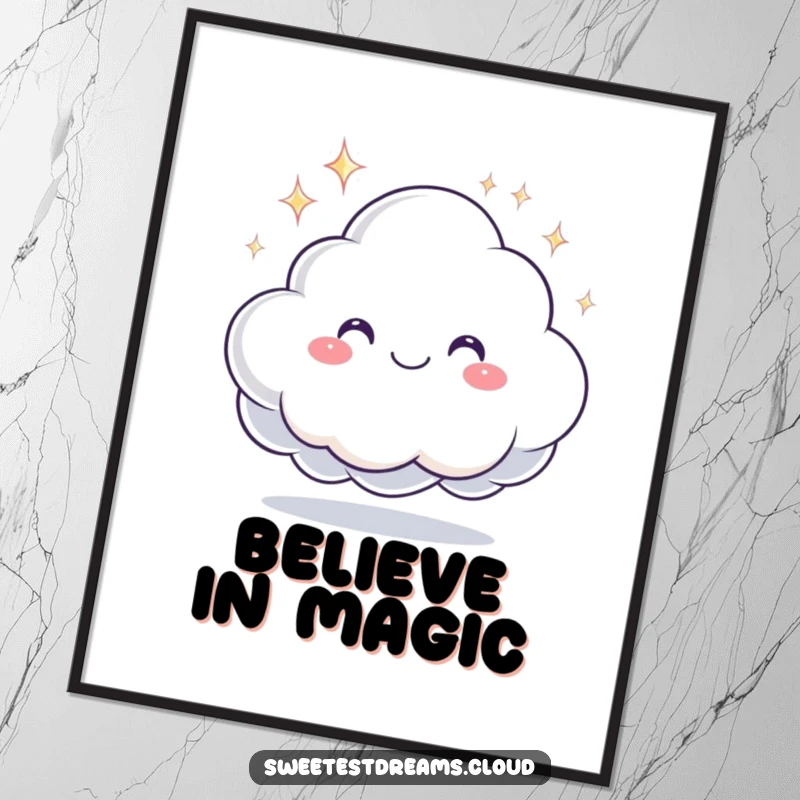 Funny poster of a smiling cloud character offering a sparkling dream, perfect for inspiring hope and sweet dreams.