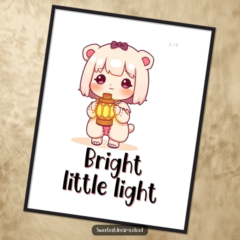 Funny kawaii character poster featuring a cute character holding a miniature lantern that emits a soft, warm glow, perfect for decor.