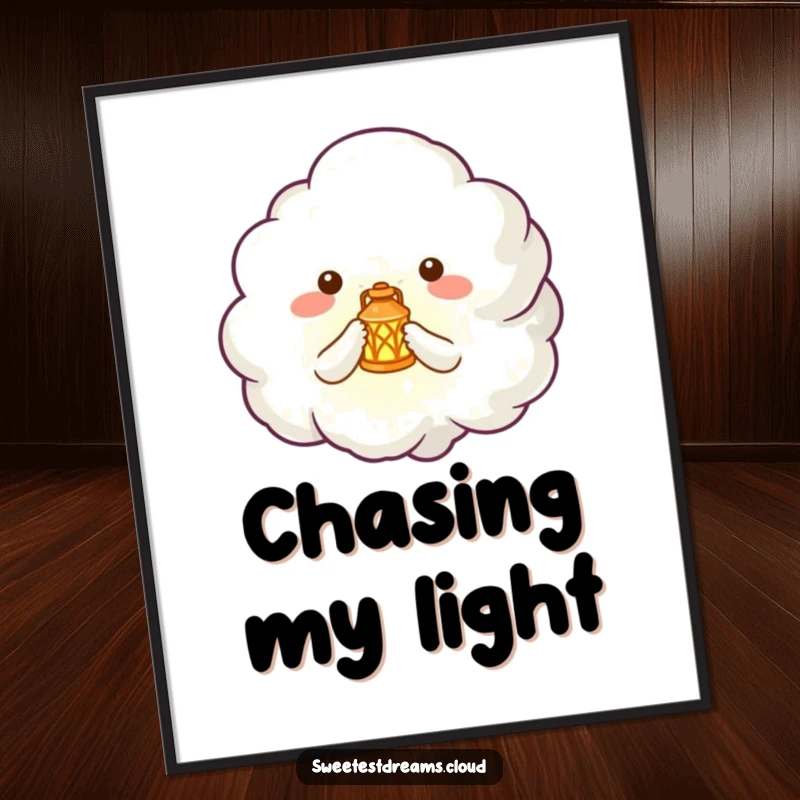 Funny poster of a cute cloud creature holding a tiny, glowing lantern, evoking a sense of wonder and magic.