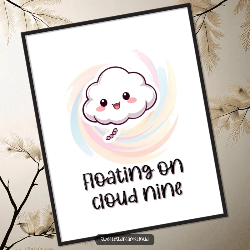 Funny poster depicting a happy cloud character floating in a whimsical swirl of pastel colors, creating a cheerful ambiance.