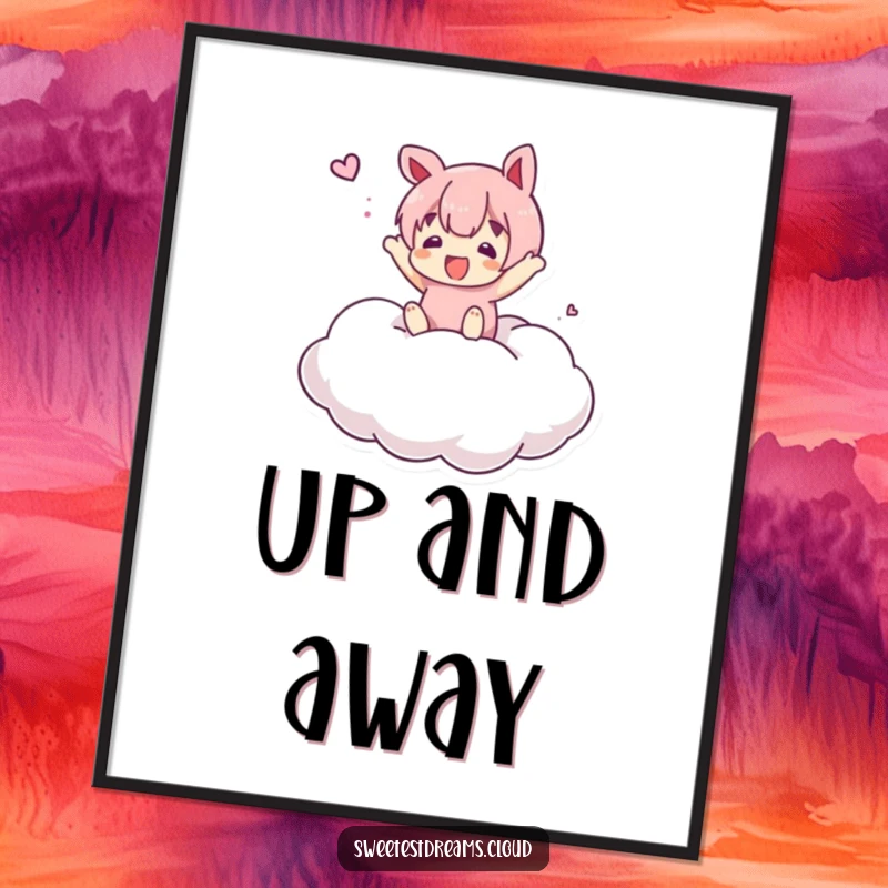 Funny Poster depicting a character joyfully bouncing on a soft, marshmallow cloud, perfect for whimsical and fun wall decor.