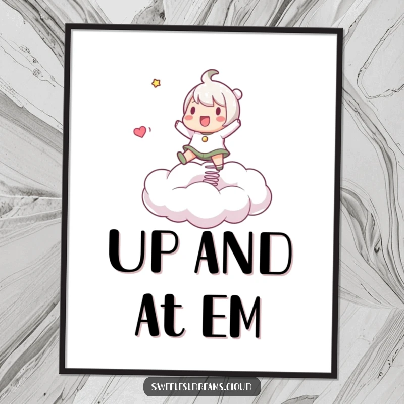 Funny Poster print of a happy character energetically bouncing on a fluffy, springy cloud, symbolizing fun and movement.