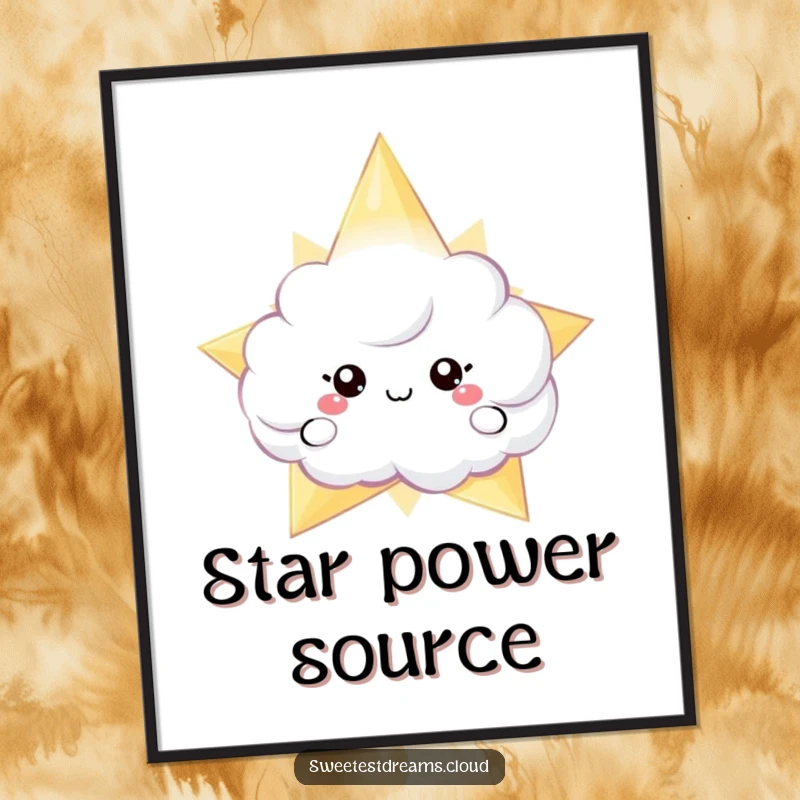Funny poster capturing a playful cloud character peeking from behind a giant, shimmering star, ideal for enchanting wall decor.