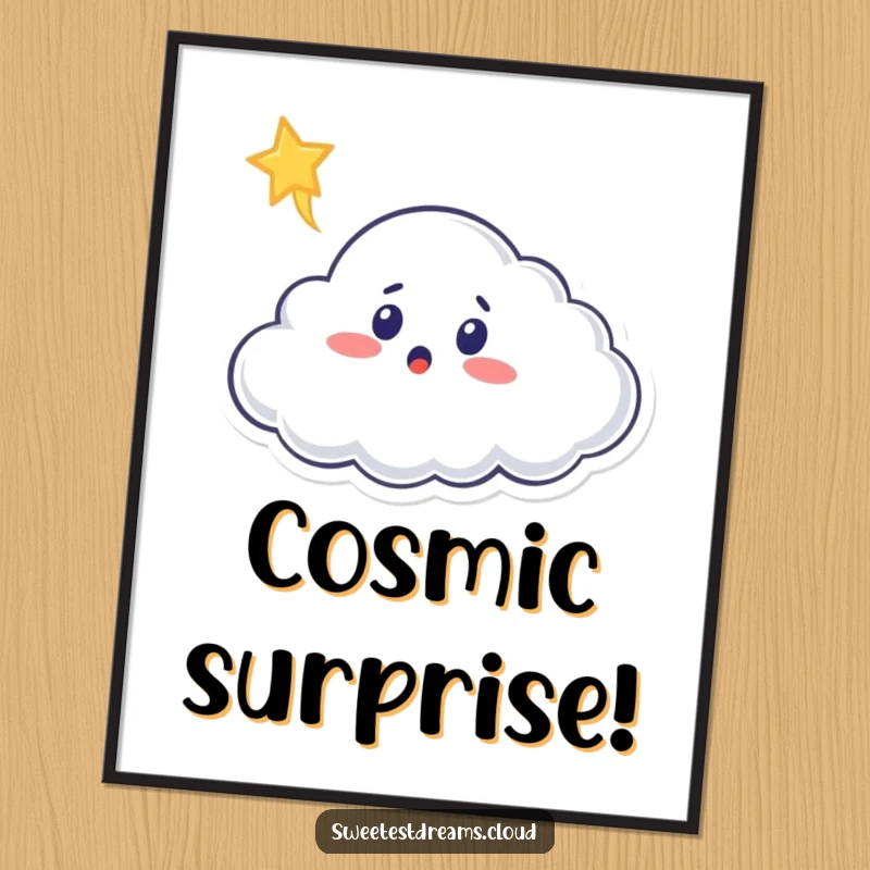 Funny cloud poster print of a surprised cloud character looking up at a shooting star in the night sky.