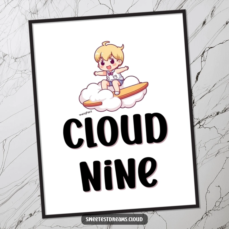 Funny poster art of a character gracefully surfing on a fluffy cloud, capturing a sense of exhilarating freedom.