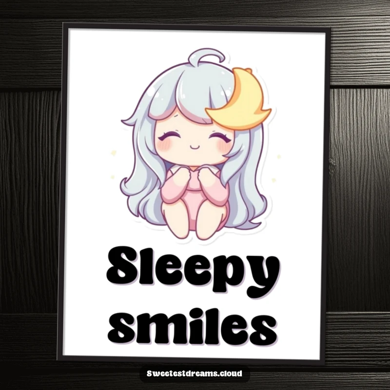 Funny Poster capturing a character’s dreamy smile shared with a cute, sleepy moon, perfect for whimsical nighttime decor.