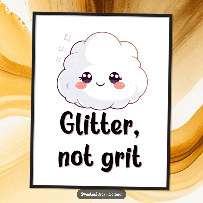 Funny poster illustrating a cute, fluffy cloud character with wide, happy eyes, joyfully blowing a stream of shimmering glitter.