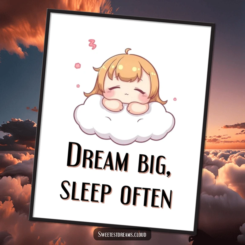 Funny kawaii dreamer poster, serene character dreaming on a cloud, tranquil and humorous wall art.