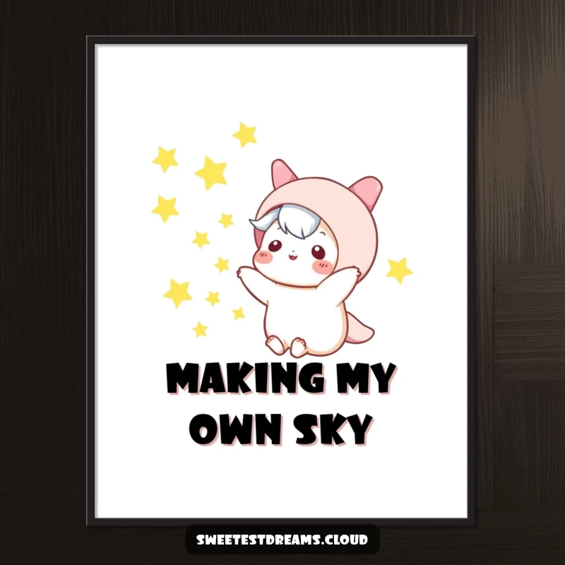 Funny kawaii character poster, playfully tossing sparkling stars into the night, whimsical and humorous wall art.